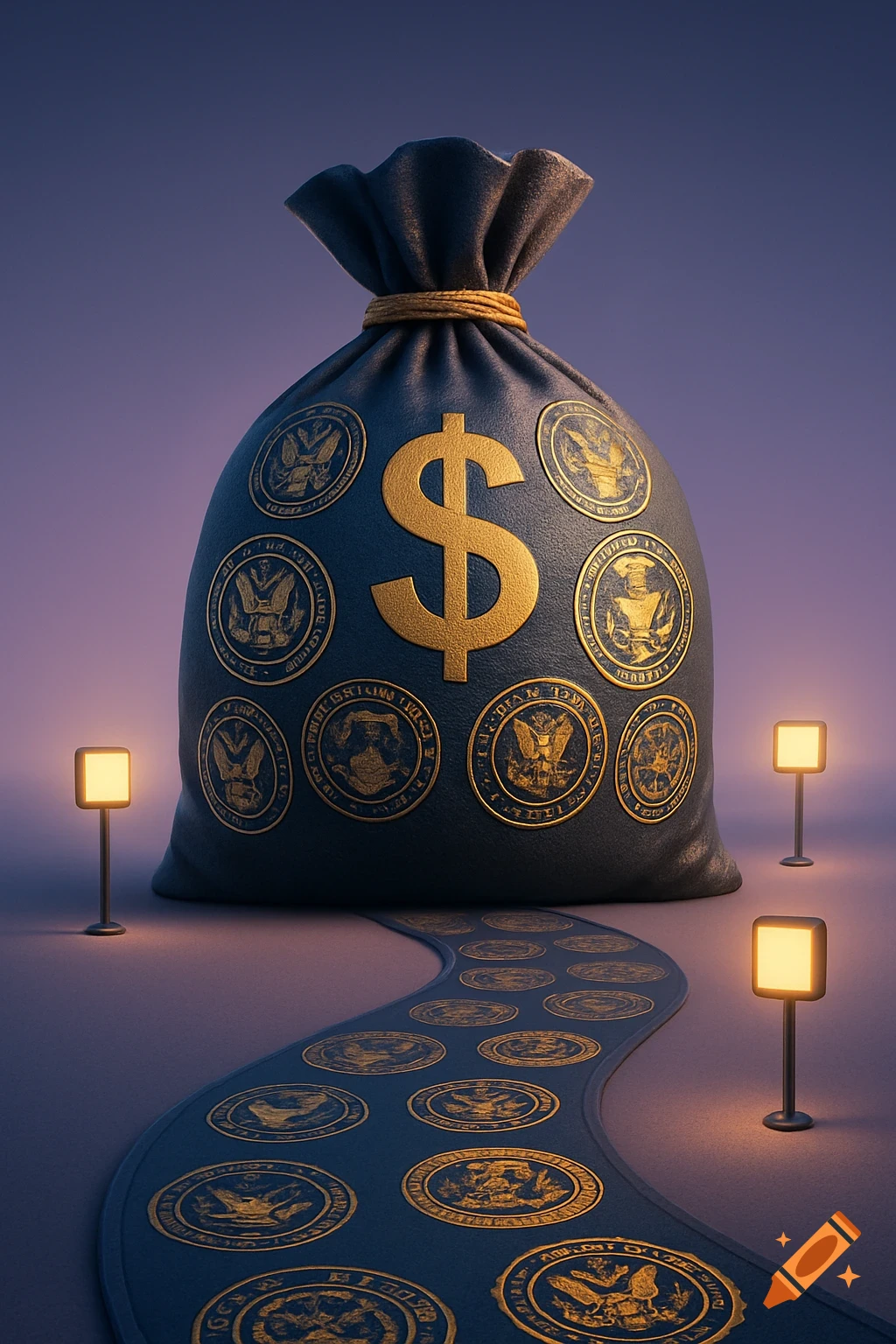 A large money bag with a golden dollar sign and government-like seals on a path lit by small lamps.