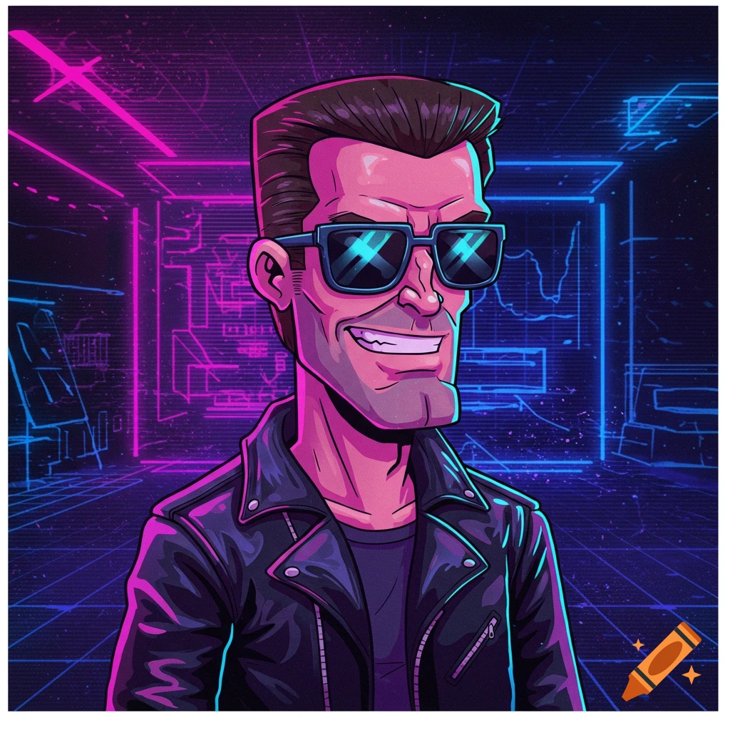 Cartoon man in sunglasses and leather jacket against a neon retro-futuristic background.