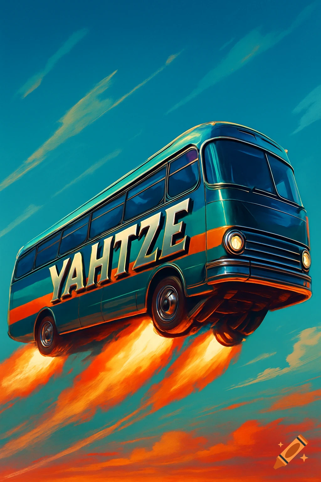 A vintage-style teal and orange bus with "YAHTZE" on its side flies through a blue and orange sky, propelled by orange flames.