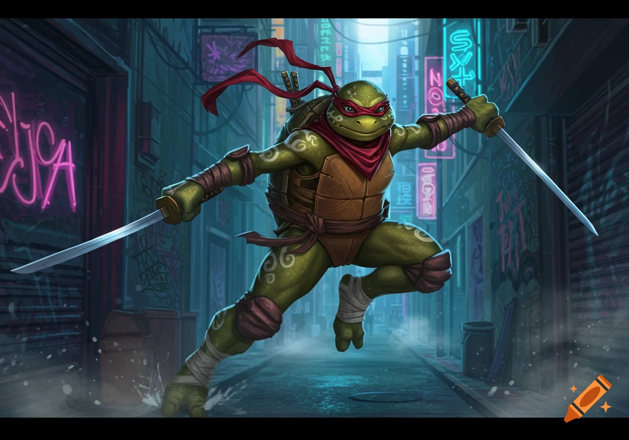 A green anthropomorphic ninja turtle with a red mask and red armbands, holding two katanas in an action pose in a dark, neon-lit city alley. The art style is vibrant and cartoonish.