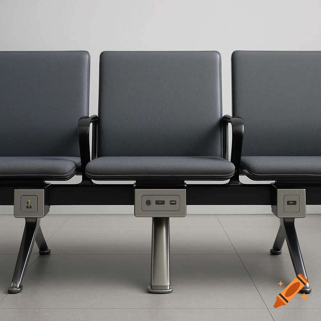 Close-up of three gray airport bench seats with charging ports for USB and power outlets integrated into the legs.