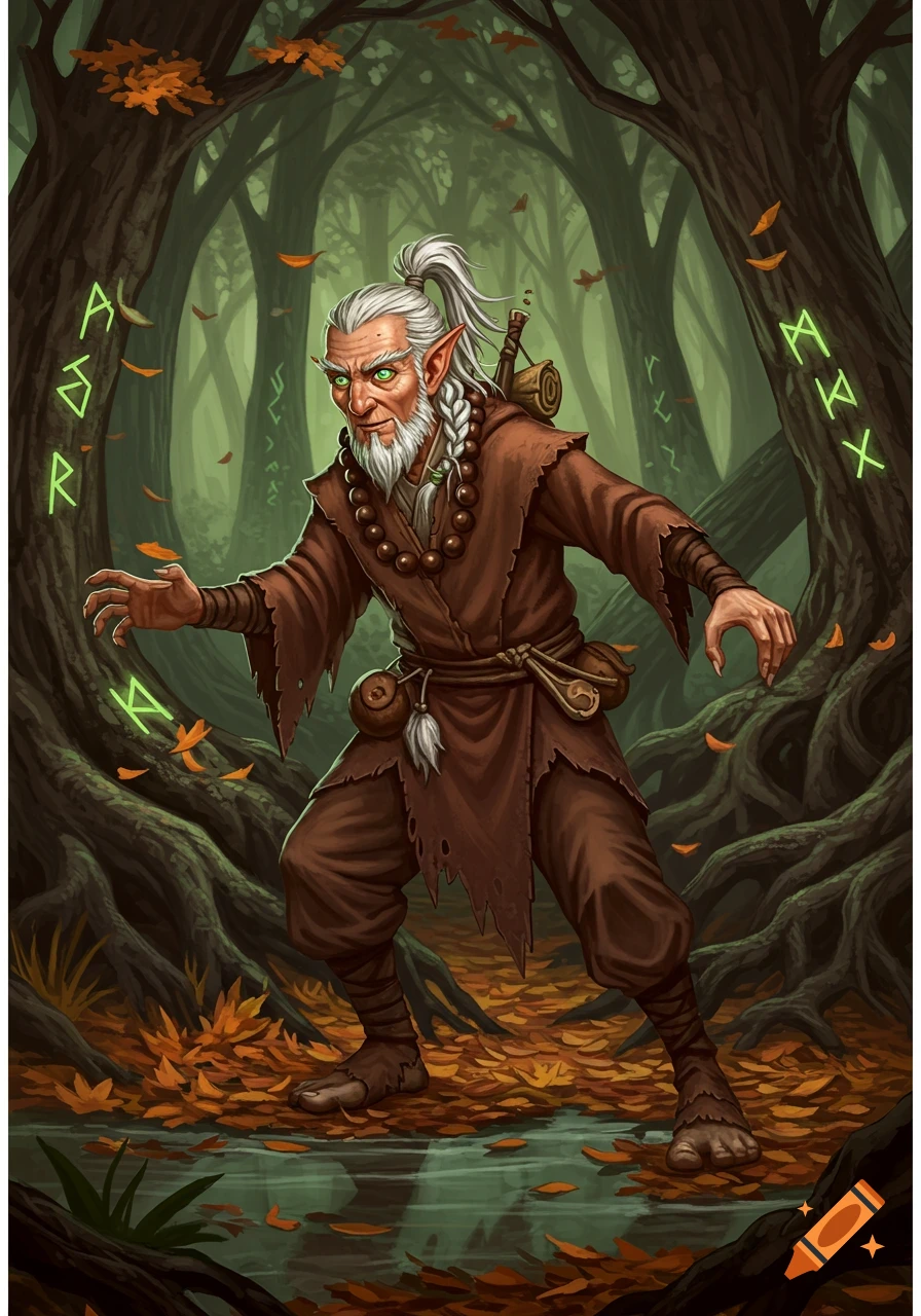 An elderly wood elf monk with a white ponytail and beard, green eyes, in brown robes, stands in an autumn forest with glowing green runes.