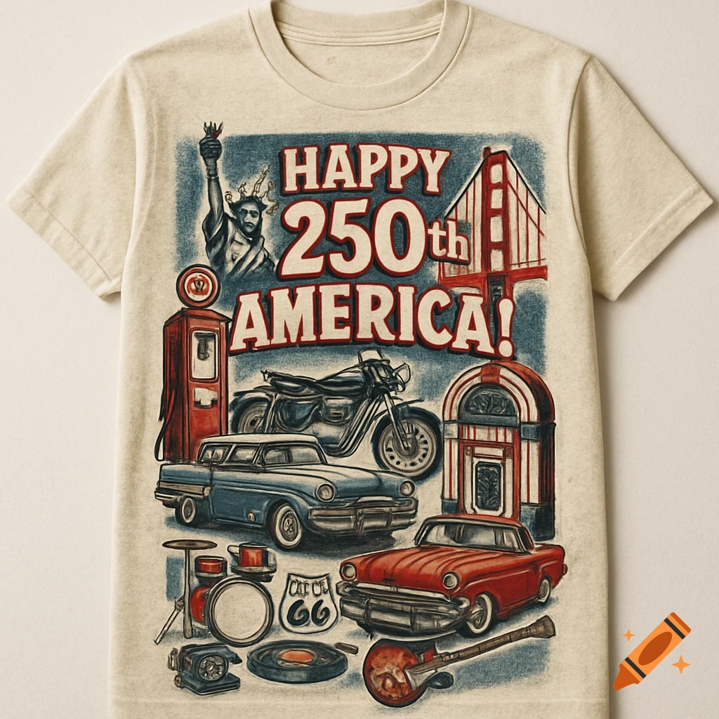 Vintage t-shirt with a patriotic design for America's 250th, featuring Statue of Liberty, Golden Gate Bridge, classic cars, motorcycle, jukebox, and Route 66.