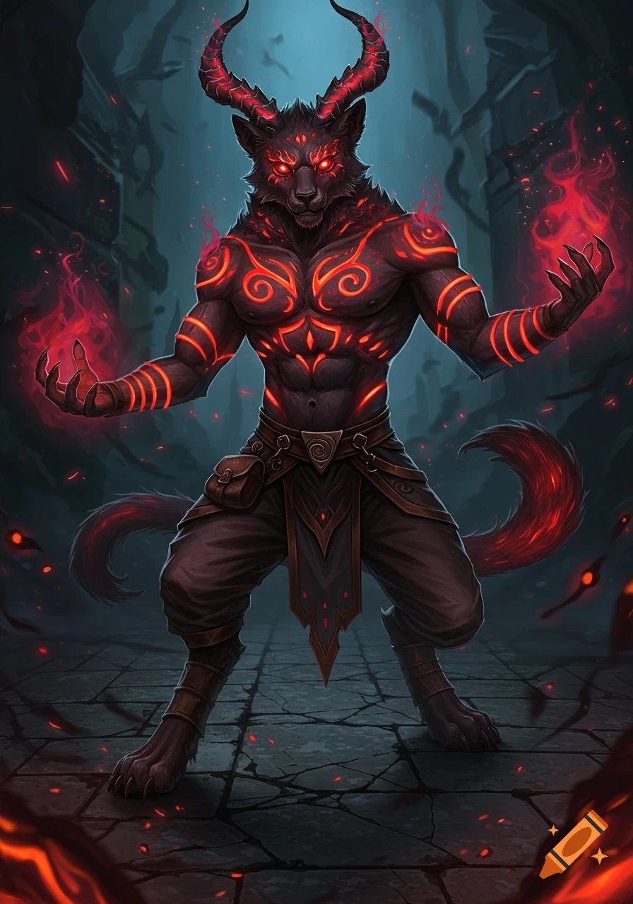 A horned, glowing red and black wolf-like creature stands in a ruined setting, conjuring fire.
