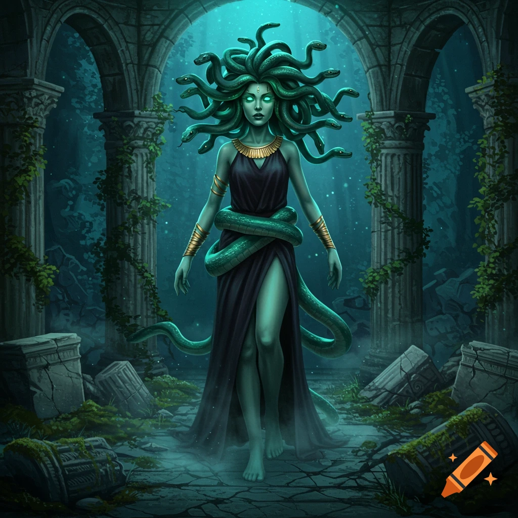 An illustration of Medusa with green skin, glowing eyes, and snakes for hair, standing in moonlit ancient ruins.