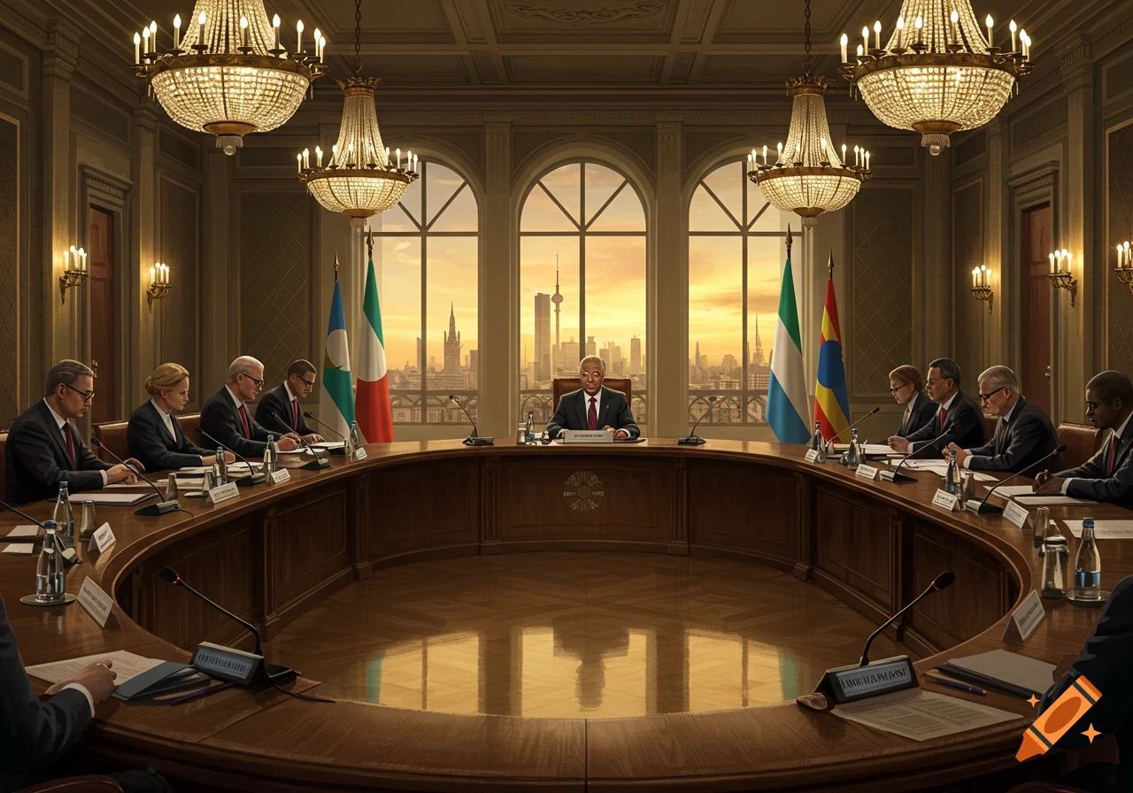 A large group of politicians or officials sits around a U-shaped wooden table in a grand room with chandeliers and a city skyline view.