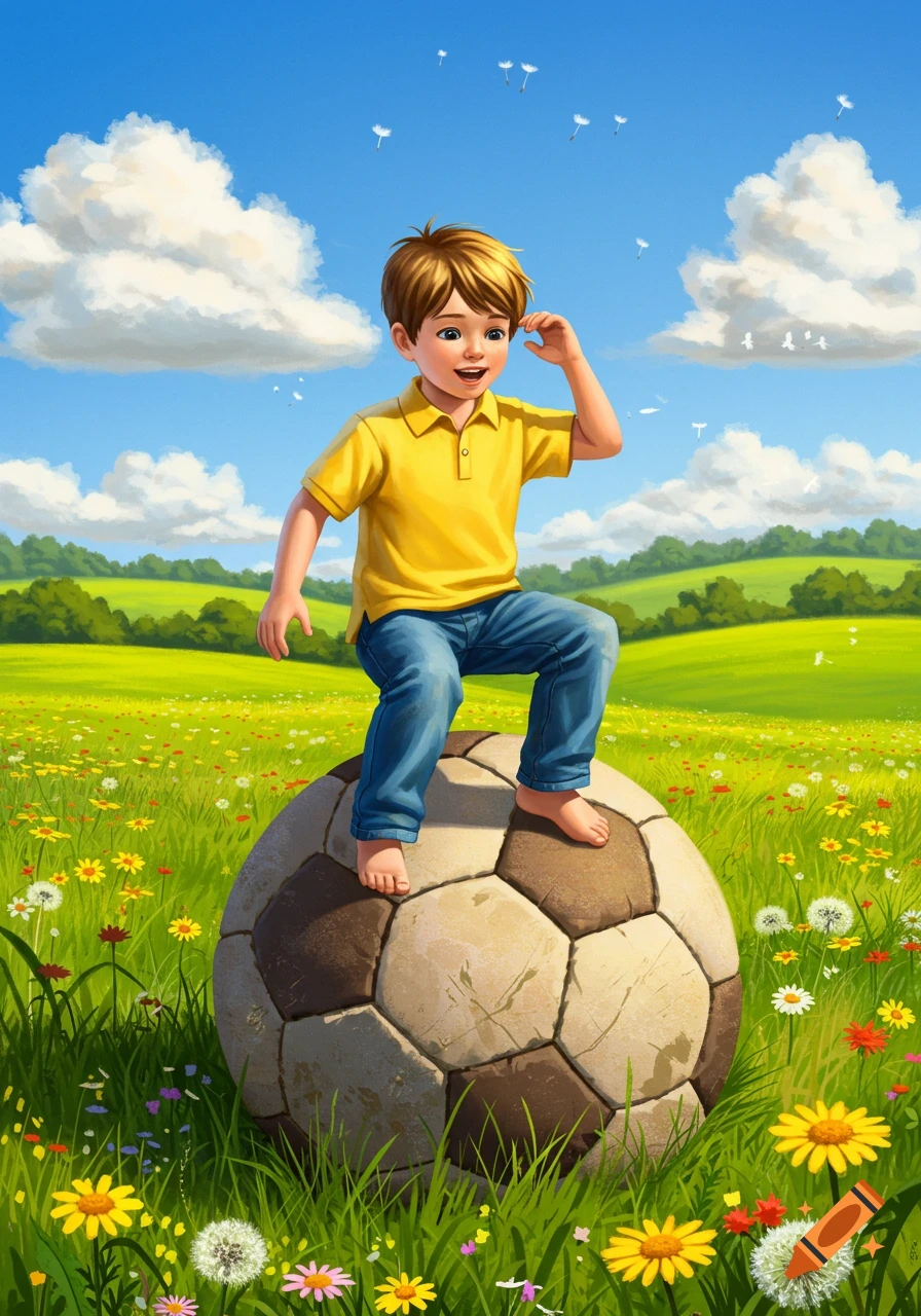 A young boy sits on a giant soccer ball in a vibrant green field filled with colorful flowers under a bright blue sky.