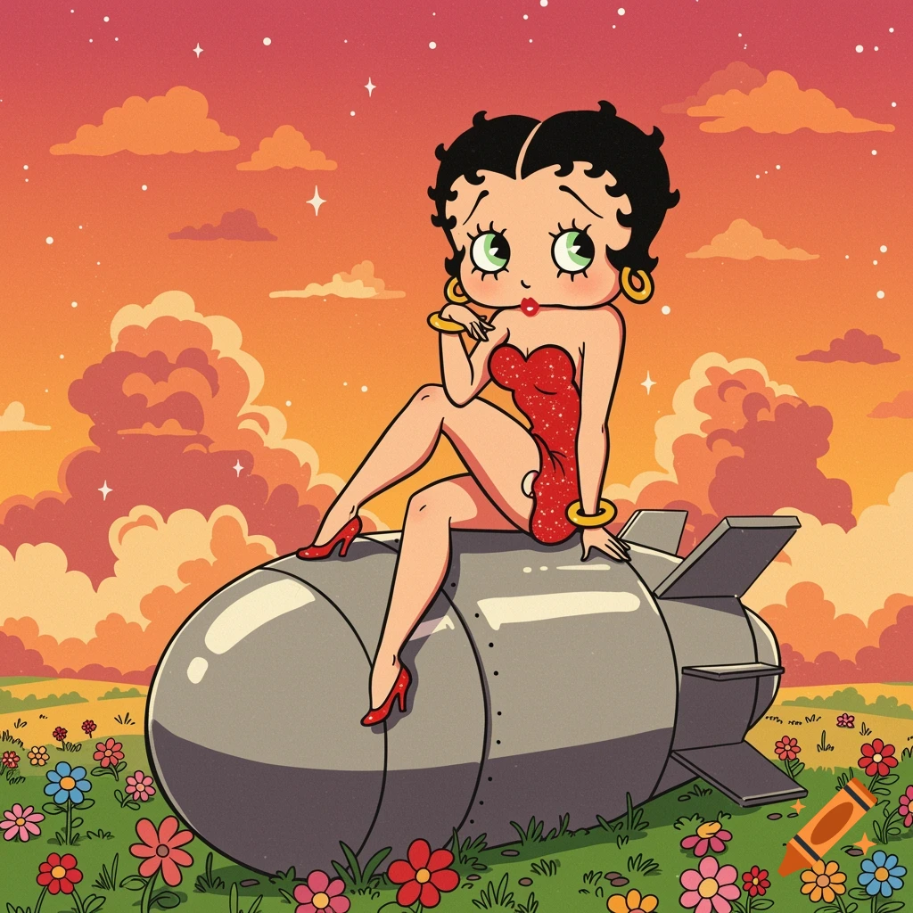 Betty Boop sits on a gray stylized nuke in a field of colorful flowers under an orange and pink sunset sky.