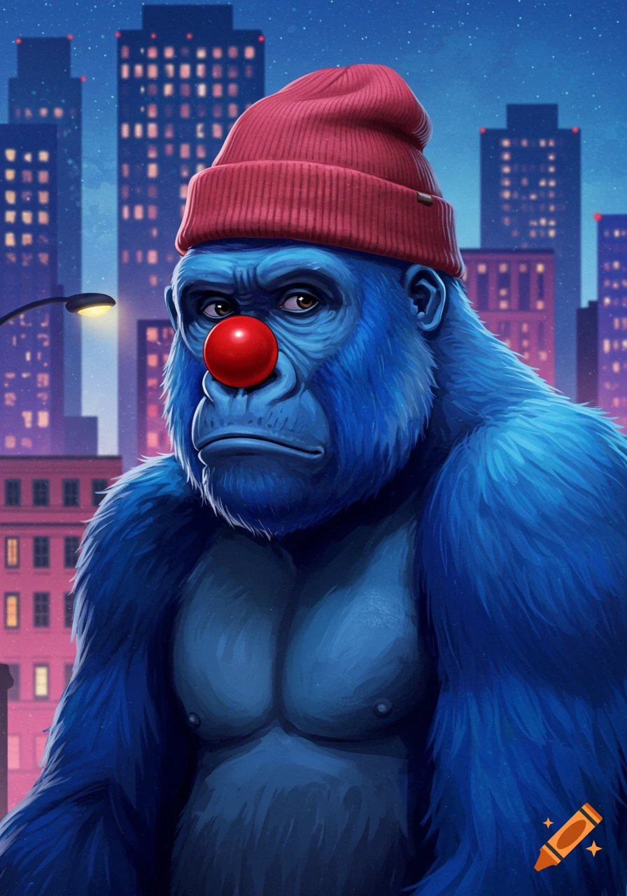 Digital illustration of a blue gorilla in a red beanie and clown nose in front of a city skyline at night.