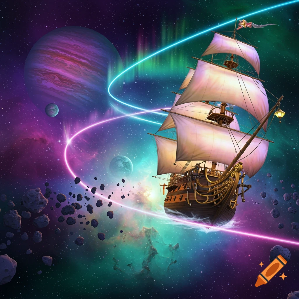 A fantastical wooden pirate ship with sails, flying through colorful outer space with planets, asteroids, and neon aurora lights.