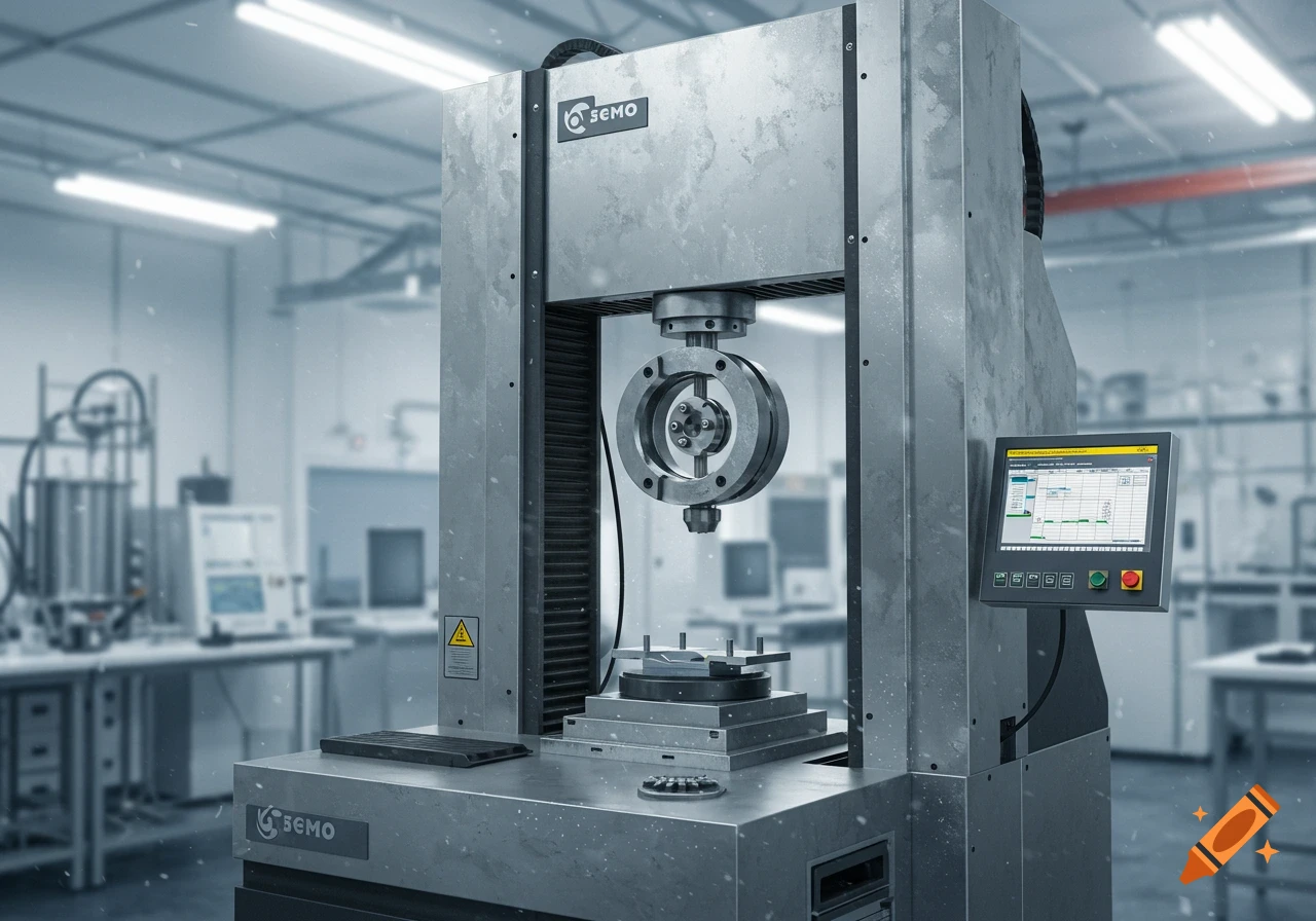 A large, grey industrial tensile testing machine stands in a well-lit laboratory, featuring a central test setup and a digital control screen.