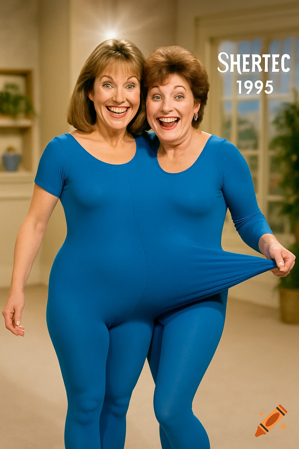 Two smiling women in a blue leotard, demonstrating its stretchiness by both fitting into one garment, creating a two-headed illusion.