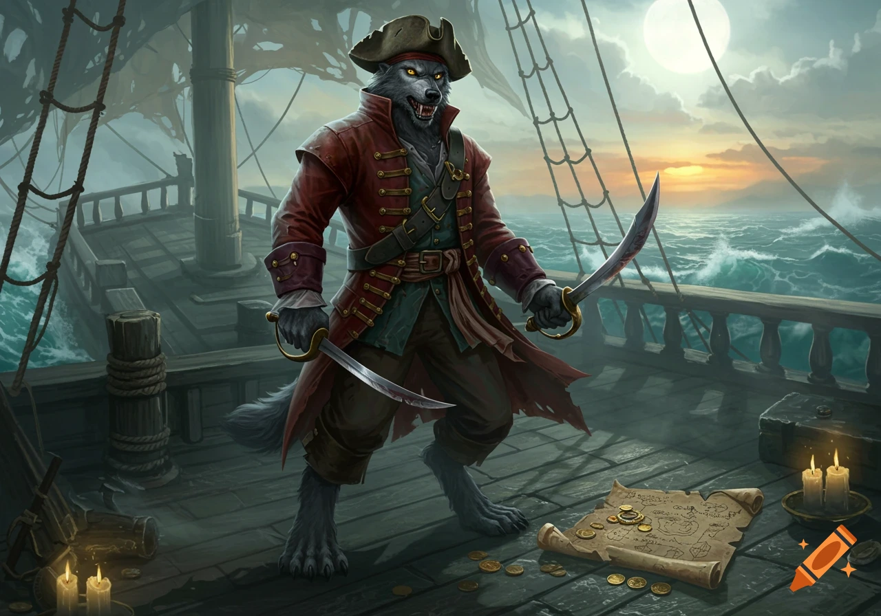 A grey werewolf pirate in a red coat stands on a ship deck, holding two swords, with a treasure map and coins at his feet.