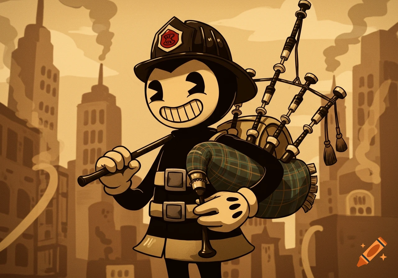 Sepia-toned cartoon of a grinning firefighter character with bagpipes standing in a city.