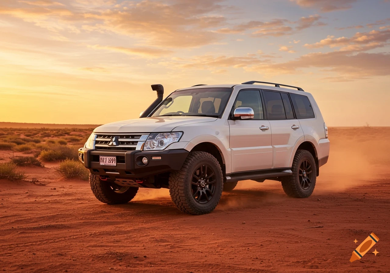 White Mitsubishi Pajero SUV with a bull bar, lift kit, and black rims drives on a dusty red desert road at sunset.