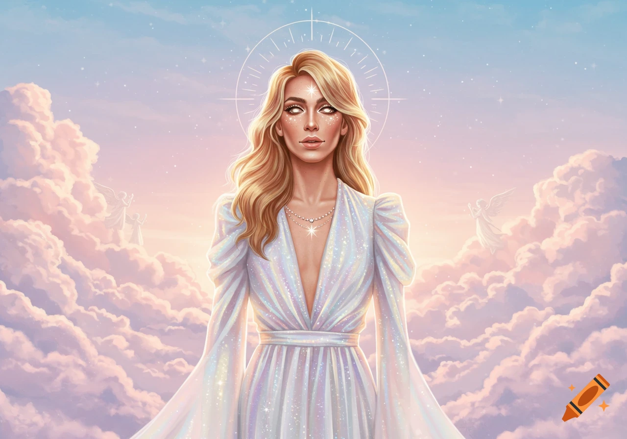 An angelic woman with blonde hair and glowing eyes in a sparkly white dress with a halo, standing in pink and purple clouds with cherubs.