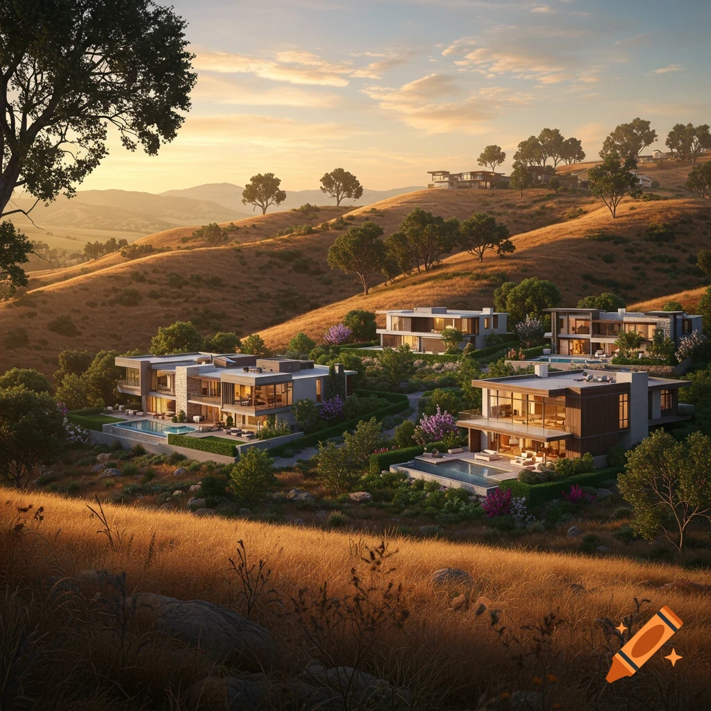 Modern houses with pools nestled into a golden hillside landscape at sunset.