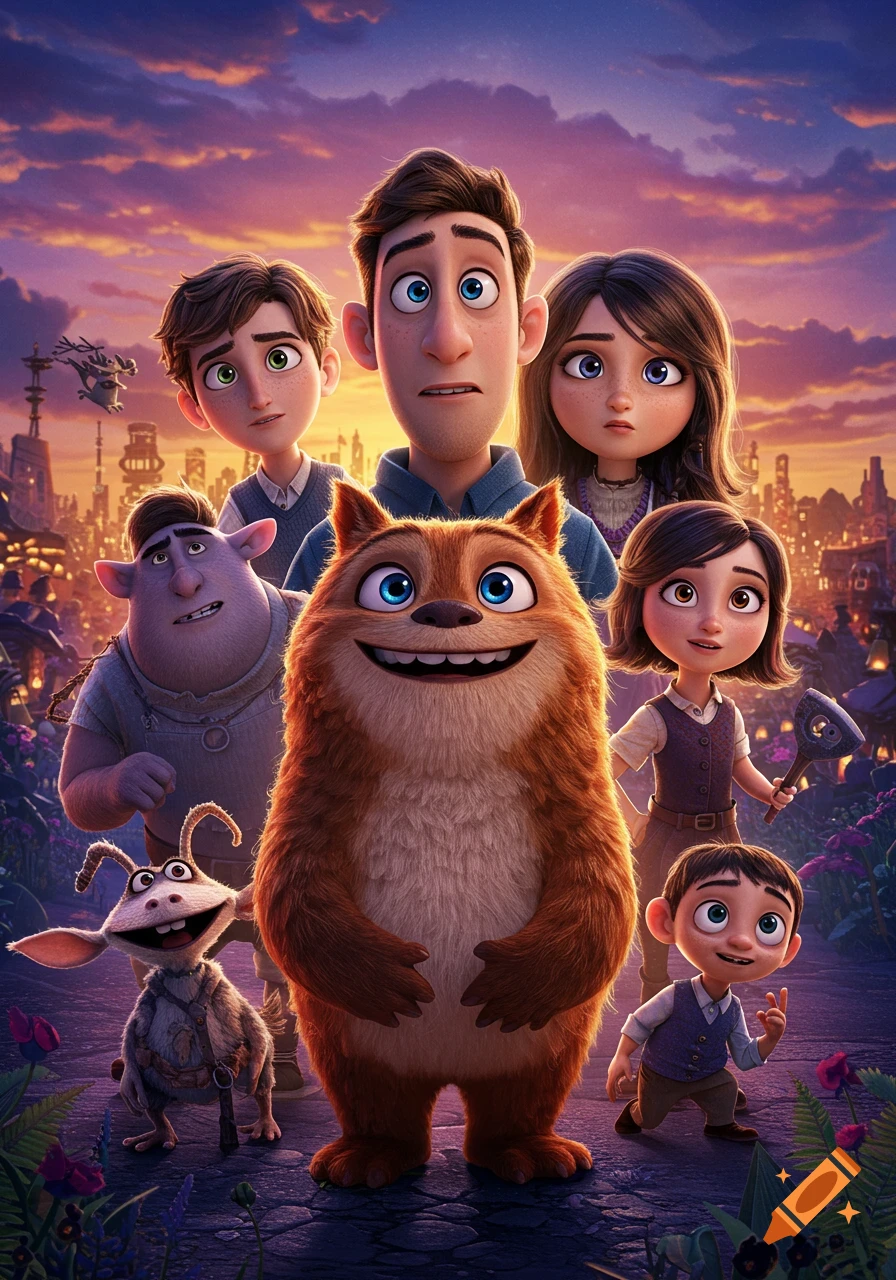 An animated movie poster featuring a diverse group of human and creature characters under a vibrant sunset, in a fantastical setting.