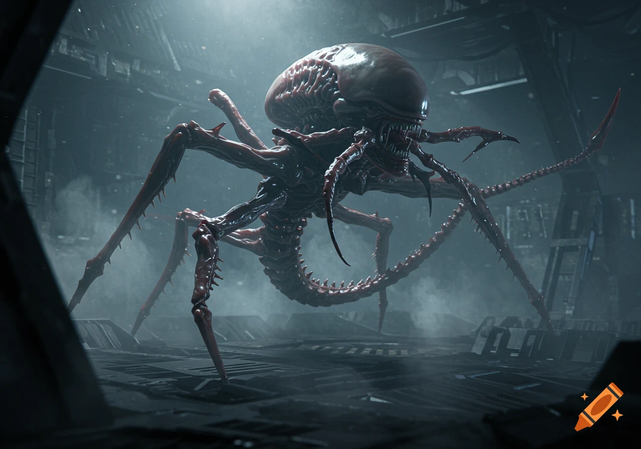 A photorealistic image of a reddish, spider-like alien creature with many legs and a long segmented tail, standing in a dark, smoky, futuristic industrial environment.