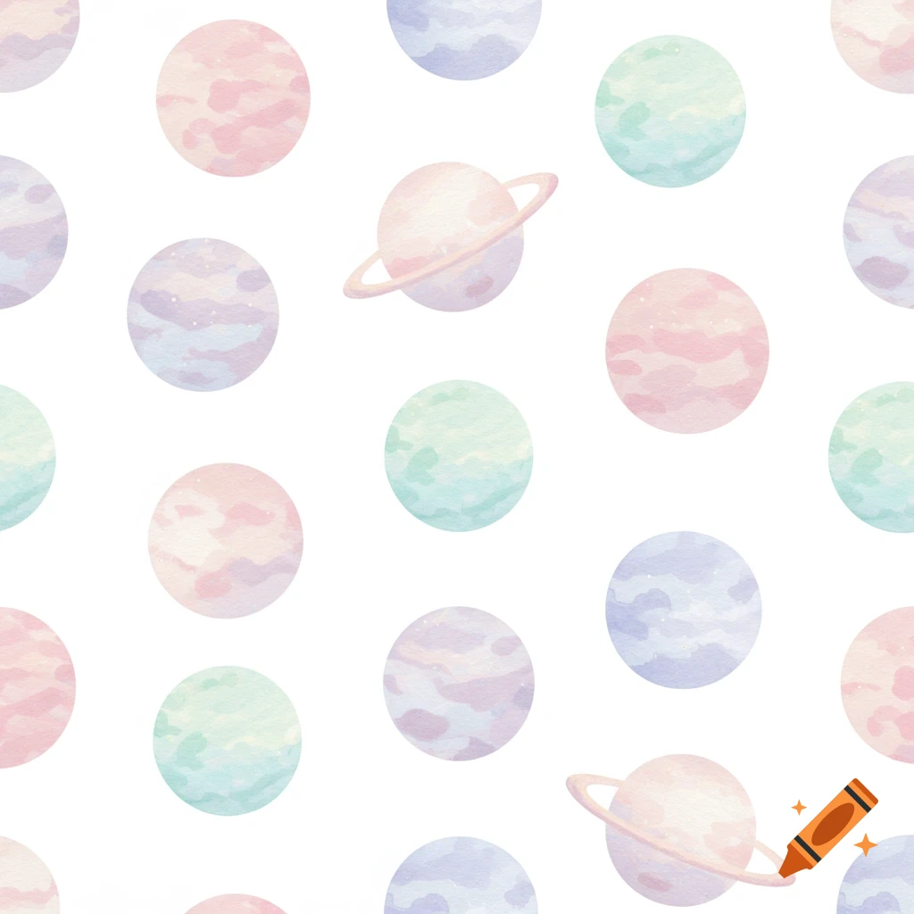 A seamless pattern of small, pastel watercolor planets scattered on a white background.