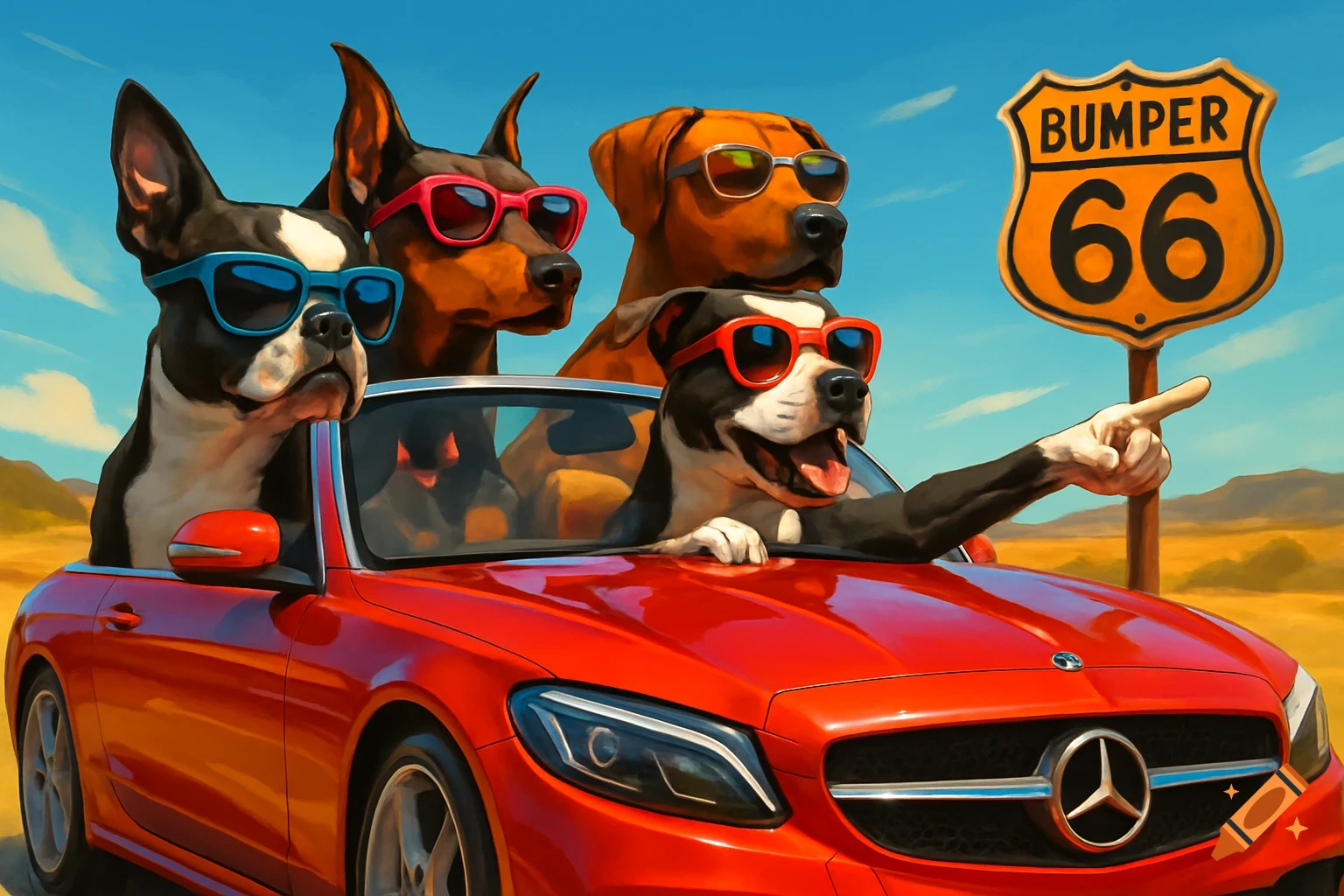 Four dogs in sunglasses ride in a red Mercedes convertible; one dog points to a "BUMPER 66" road sign in this vibrant illustration.