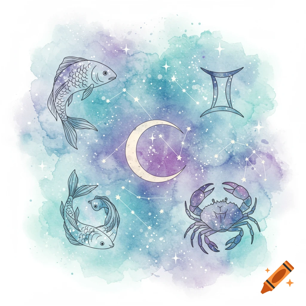 Watercolor celestial art depicting Pisces fish, a Cancer crab, a Gemini symbol, a crescent moon, and constellations on a galaxy background.