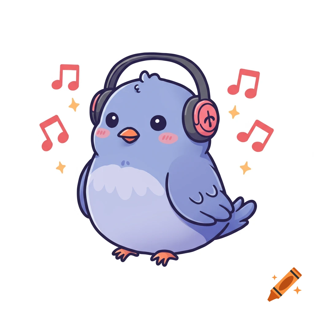 A cute cartoon blue-purple bird wearing headphones, with red music notes and sparkles floating around it.