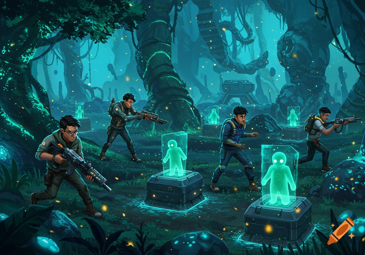 Armed characters in a dark, glowing sci-fi jungle with green holographic figures. Digital art.