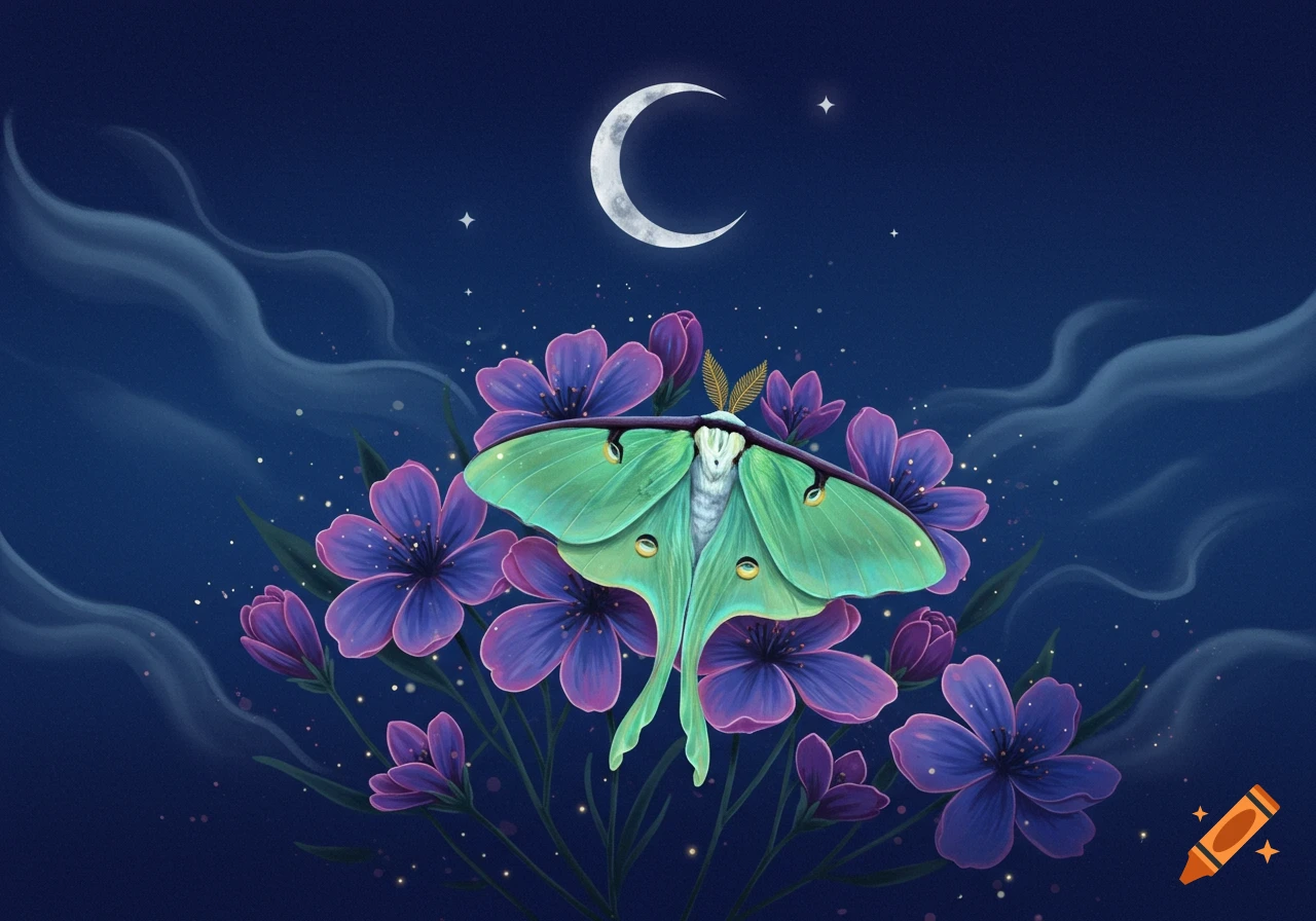 Vibrant green luna moth amidst purple flowers at night, with a crescent moon and stars in the dark blue sky.