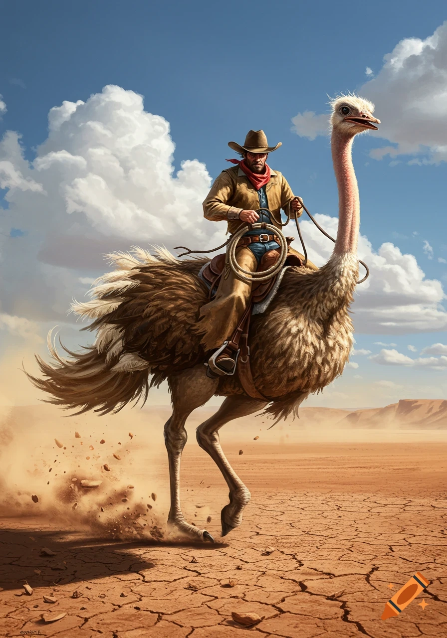 A cowboy rides an ostrich across a cracked desert landscape under a blue sky with white clouds, dust kicking up.