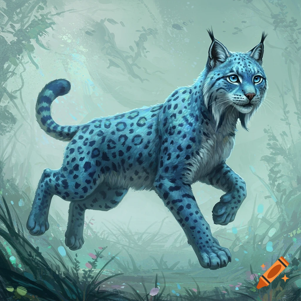 A blue, spotted lynx-like creature walks through a misty, ethereal forest in an illustrative style.