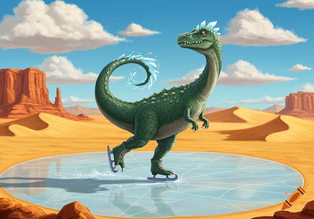 A cartoon green dinosaur with ice skates on a patch of ice in a desert with red rock formations.