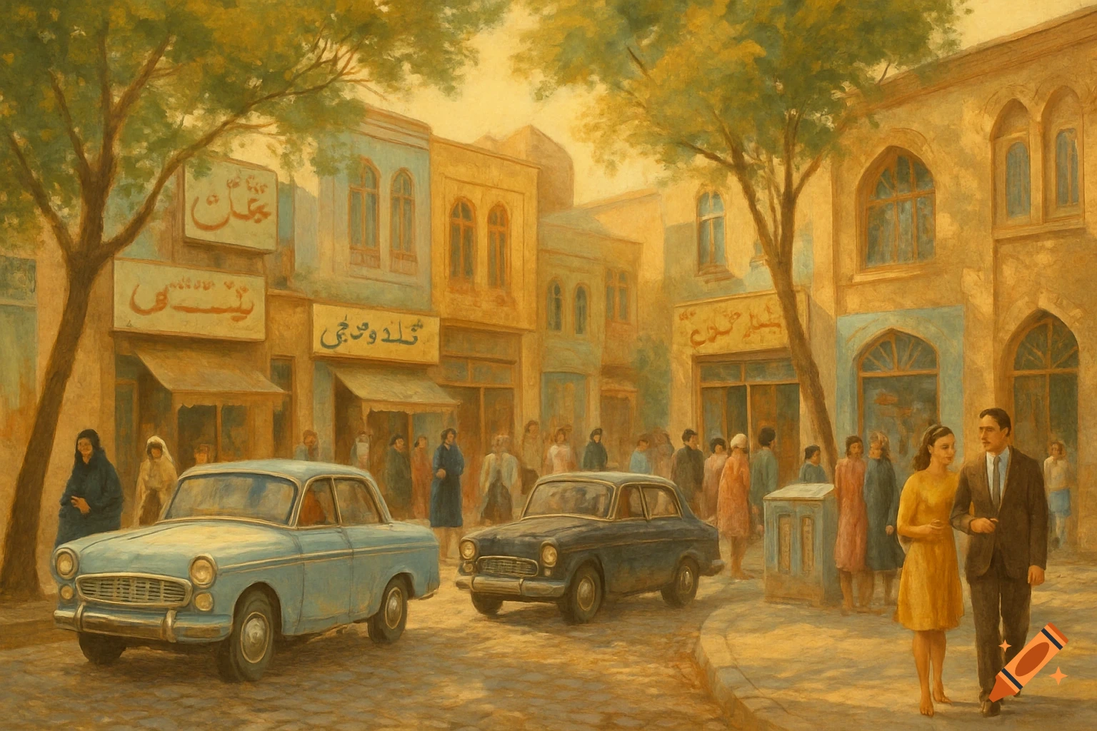 A nostalgic, painterly street scene from 1960s-1970s Iran with vintage cars, people, and old shop buildings.