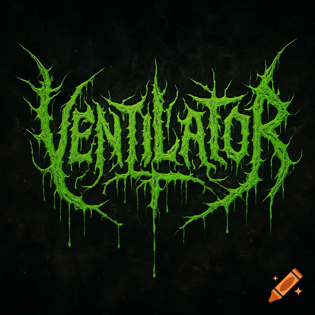 A slime green death metal style logo spells out "VENTILATOR" with dripping and spiky elements on a dark background.