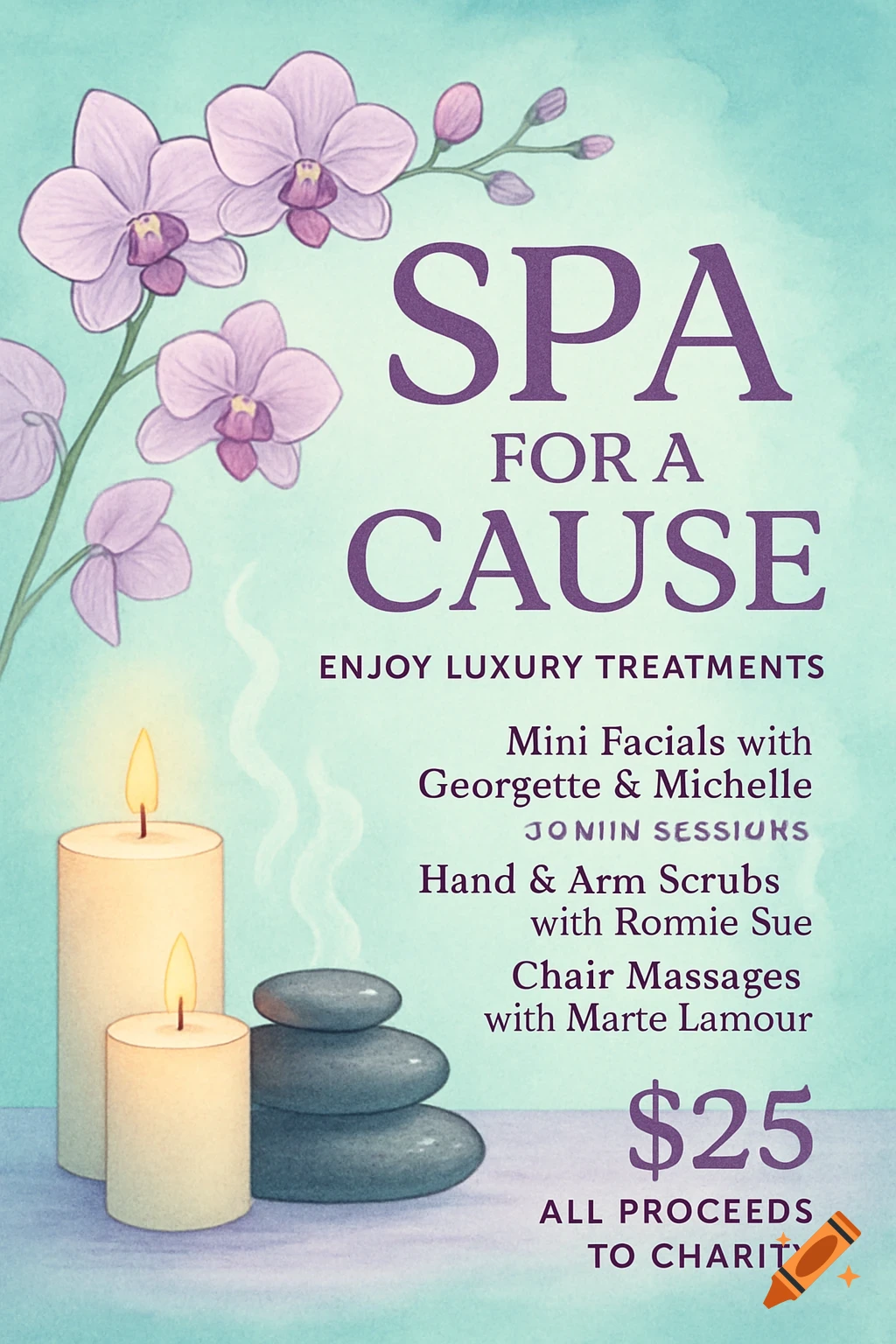 A spa event flyer with purple orchids, two lit candles, and a stack of spa stones on a light teal background. Text advertises 'SPA FOR A CAUSE' with details on services like facials, scrubs, and massages for $25, with proceeds going to charity.