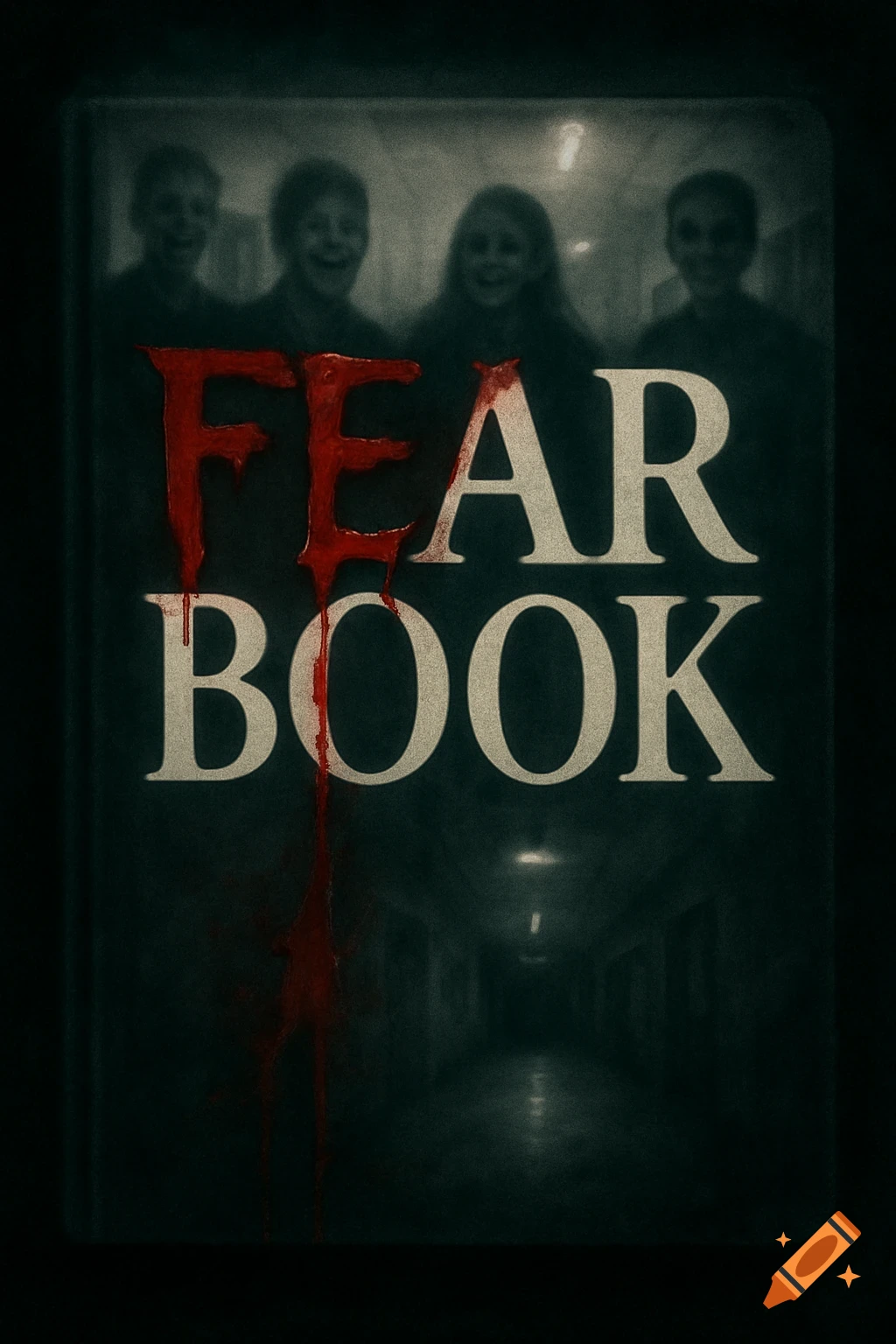Dark, horror-themed book cover with "FEAR BOOK" title, red blood dripping from "FEAR", and blurred figures in background.