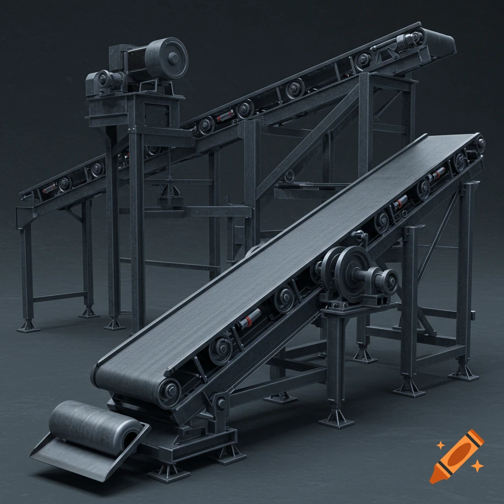 Two dark gray industrial conveyor belts, photorealistic 3D render, with a foreground belt inclining.