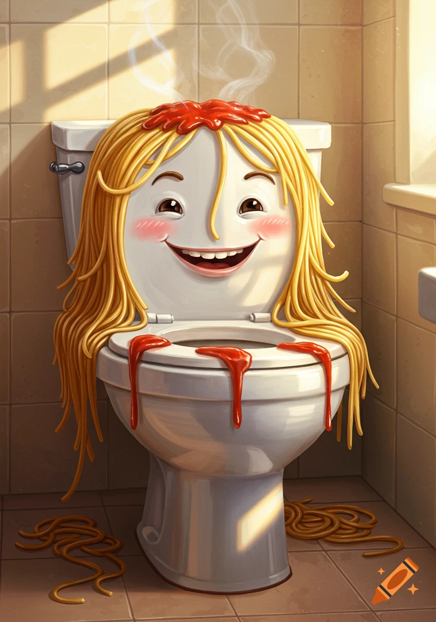 A white toilet with a happy cartoon face, blonde spaghetti hair, and red sauce dripping, in a bathroom setting.