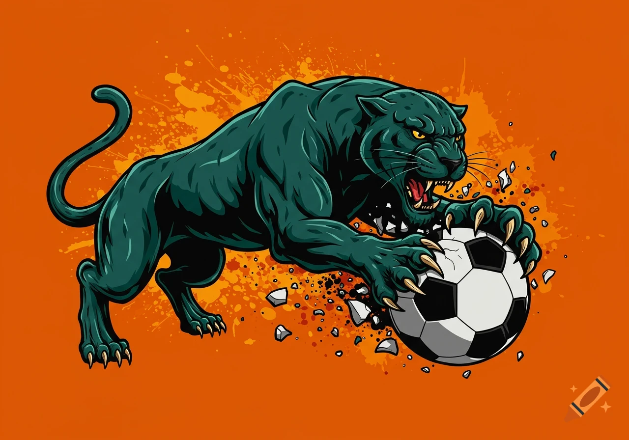 A stylized black panther with yellow eyes ripping apart a soccer ball on an orange splatter background, clip art style.