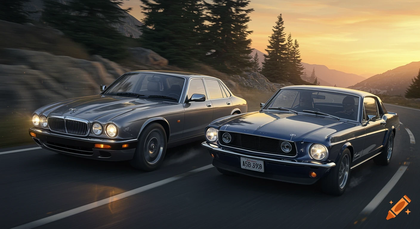 A gray Jaguar sedan and a blue Ford Mustang coupe race on a mountain road at sunset.