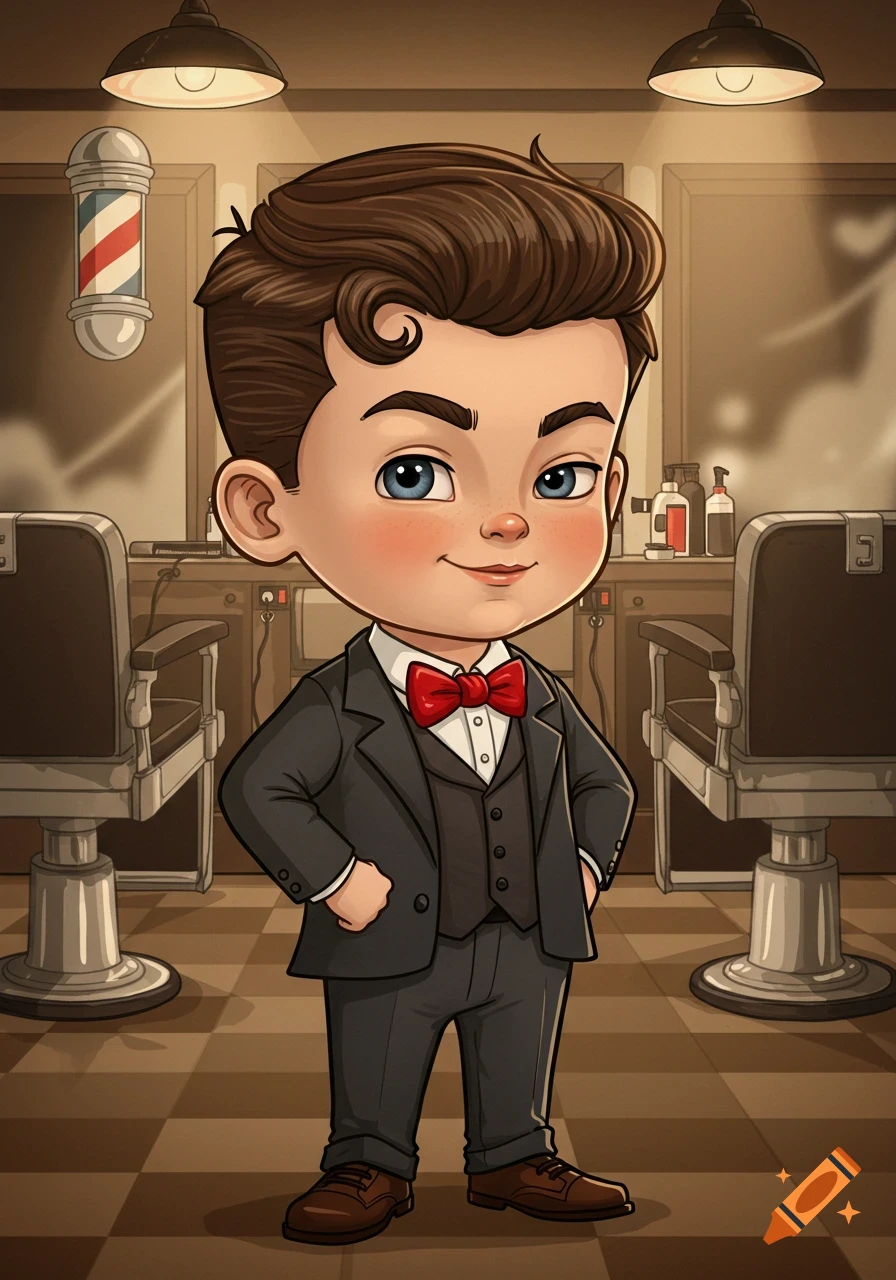 A cute cartoon boy in a suit and red bow tie stands in a barbershop, smiling mischievously.