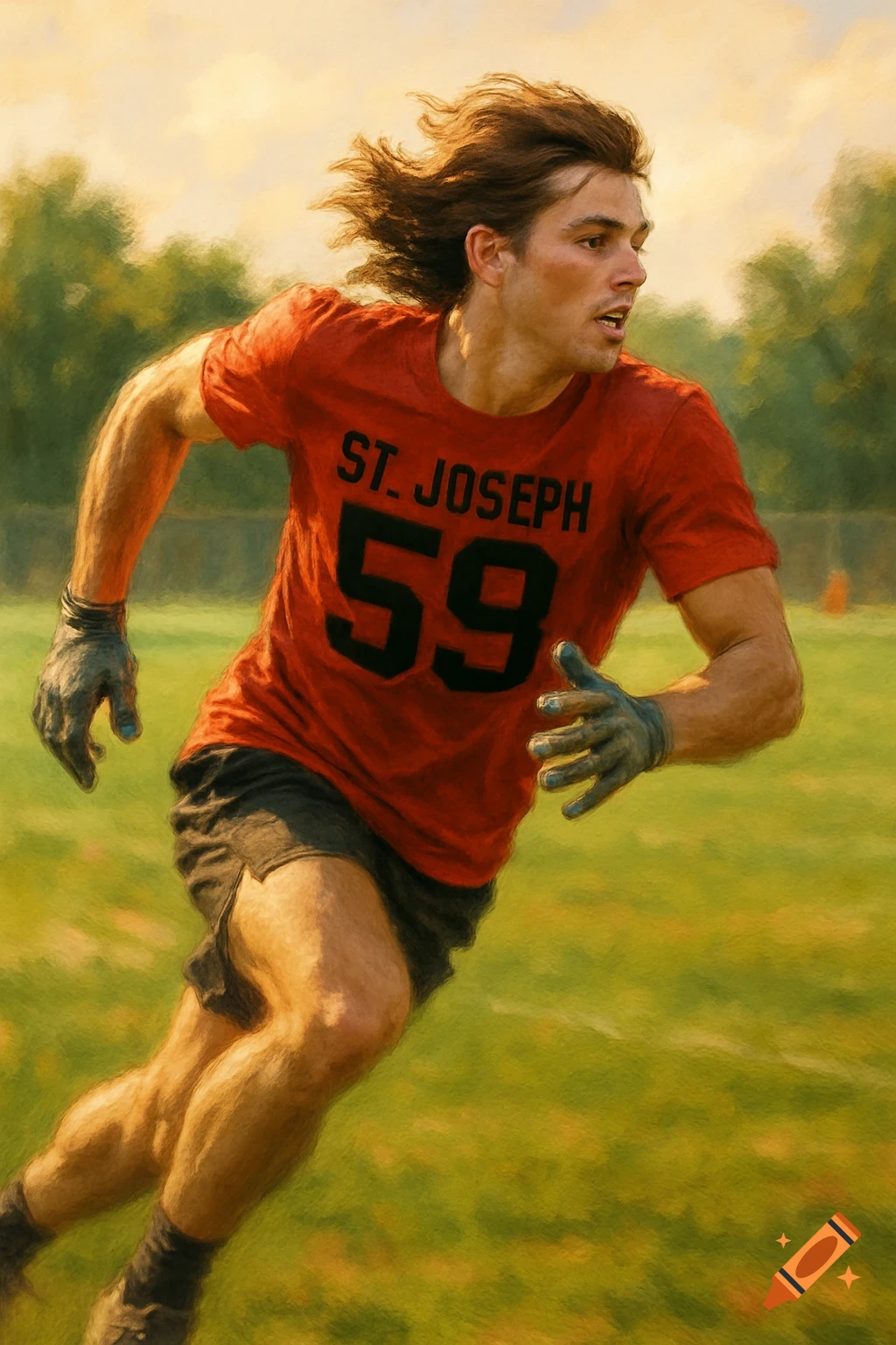 Painterly image of a male football player in a red 'ST. JOSEPH 59' shirt running on a grassy field.