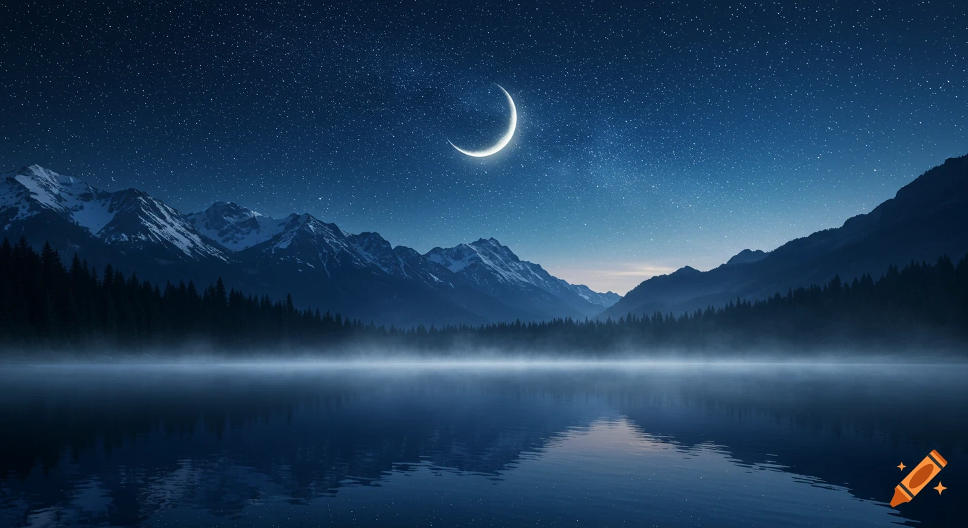 A serene night landscape with a crescent moon above snow-capped mountains reflecting in a calm lake under a starry sky.