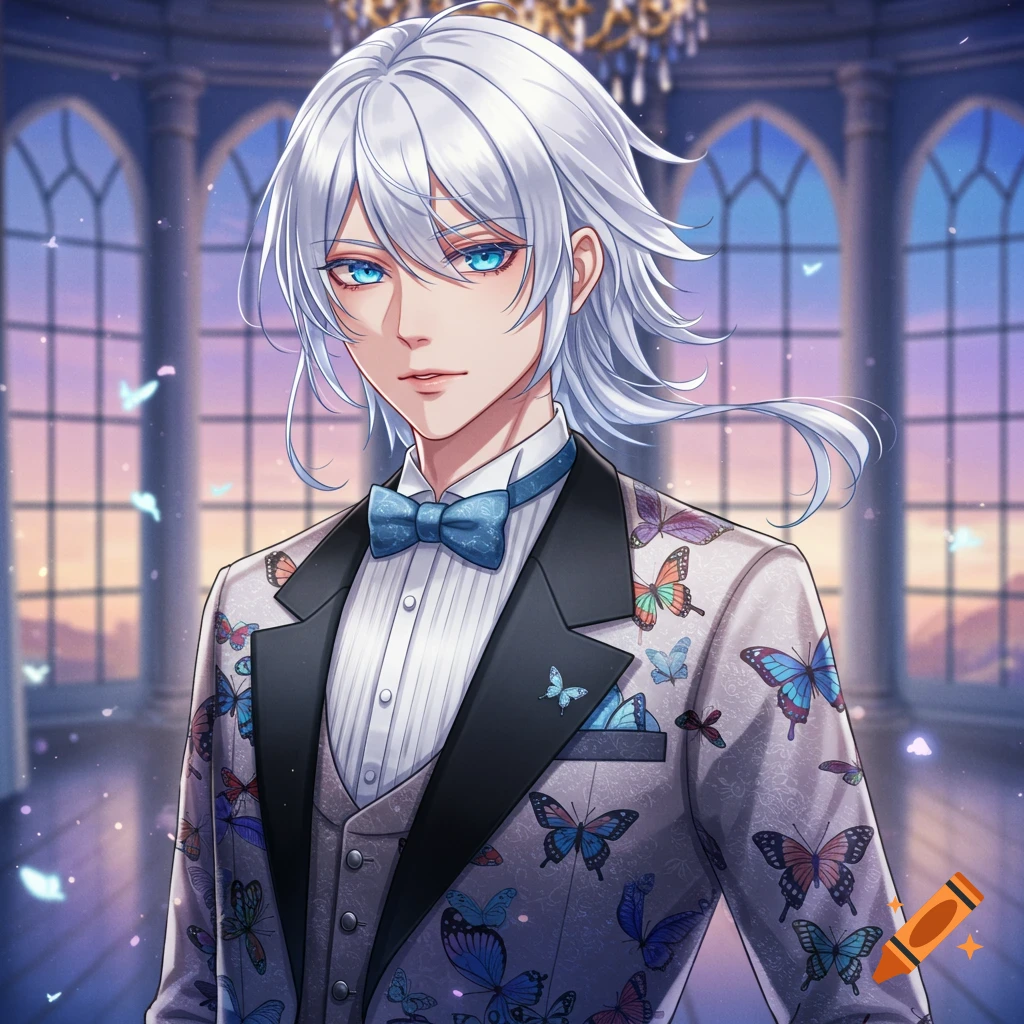 Anime boy with white hair, blue eyes, wearing a butterfly-patterned tuxedo in a grand hall with arched windows.