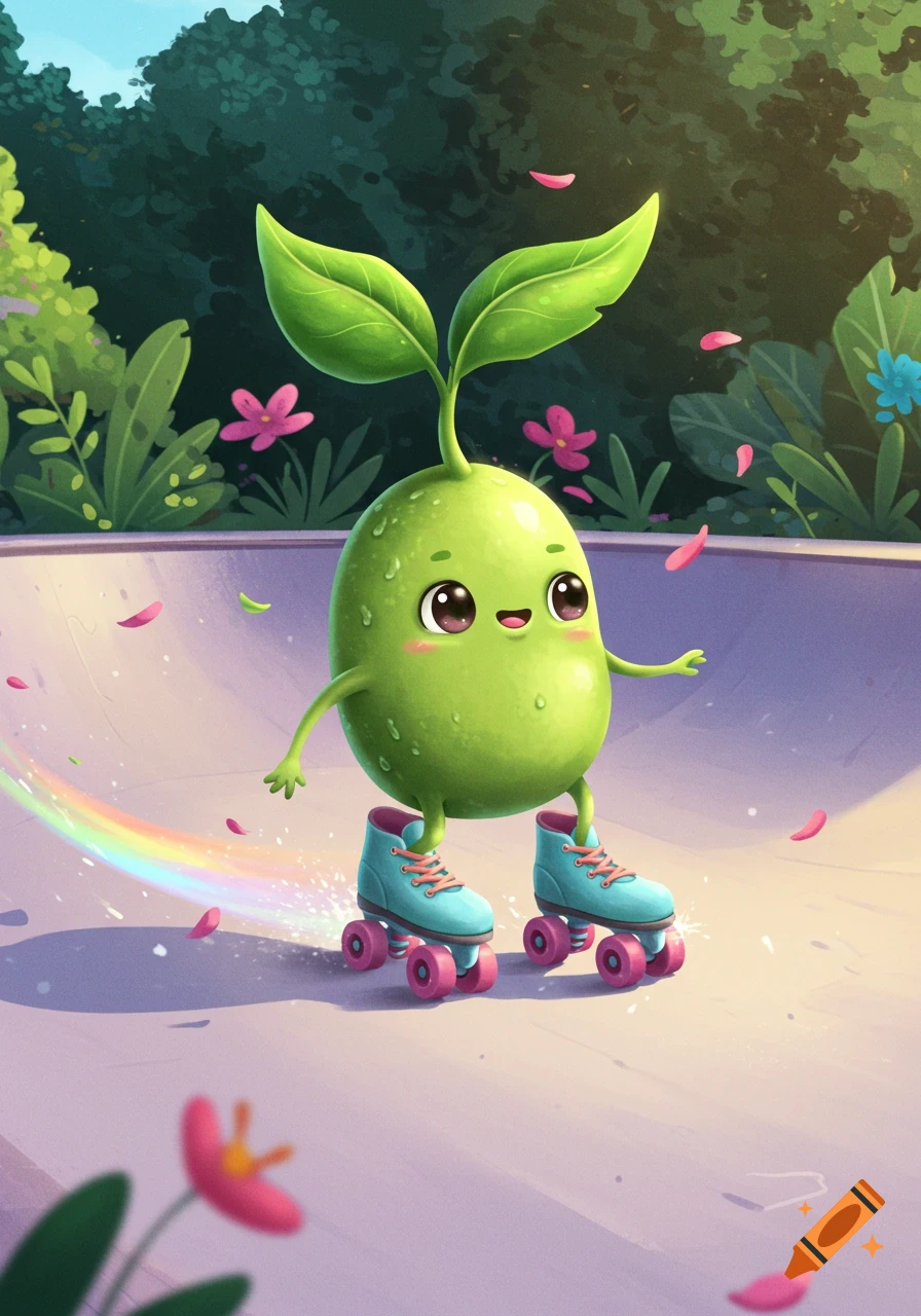 A cute, green bean sprout character with large eyes roller skates on a concrete ramp, leaving a rainbow trail. Pink flower petals are scattered around.