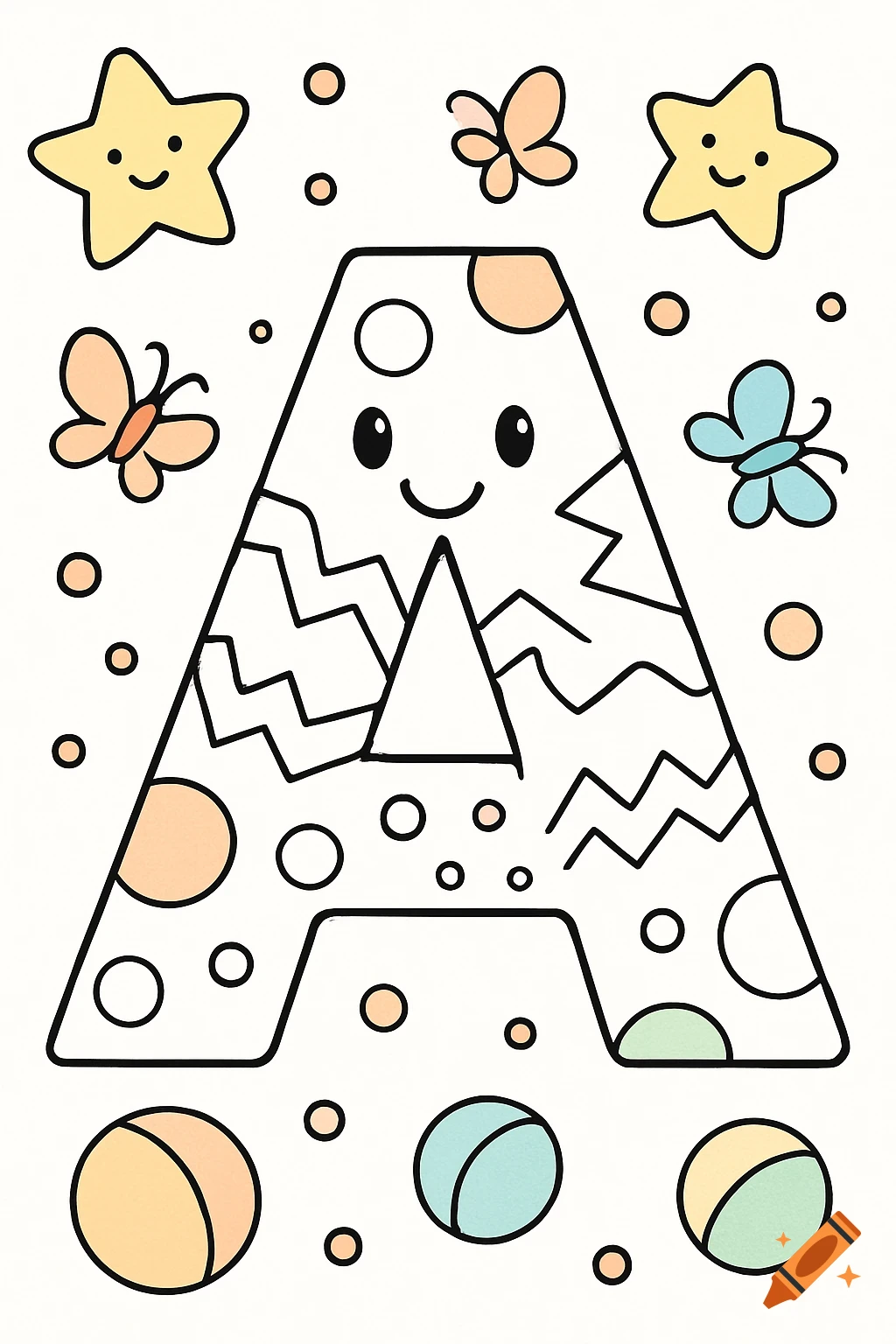 A cute cartoon letter A with a smiling face, stars, butterflies, and circles for coloring.