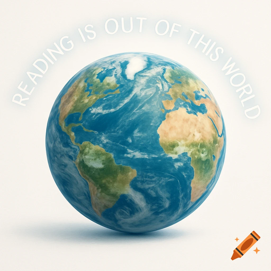 A detailed rendering of planet Earth with the text 'READING IS OUT OF THIS WORLD' curved above it on a white background.