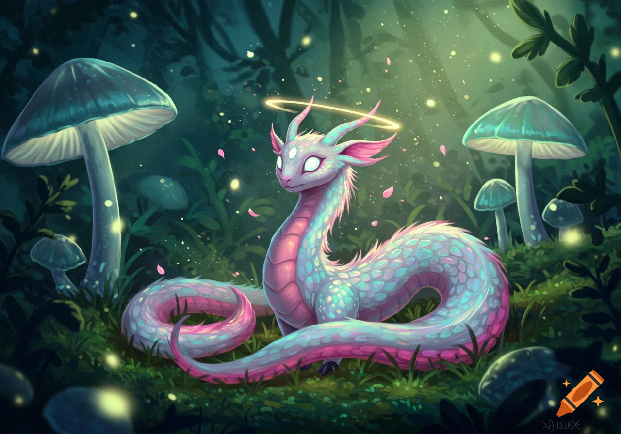 A cute, pastel-colored dragon with a halo rests in a magical forest with glowing mushrooms and falling petals.