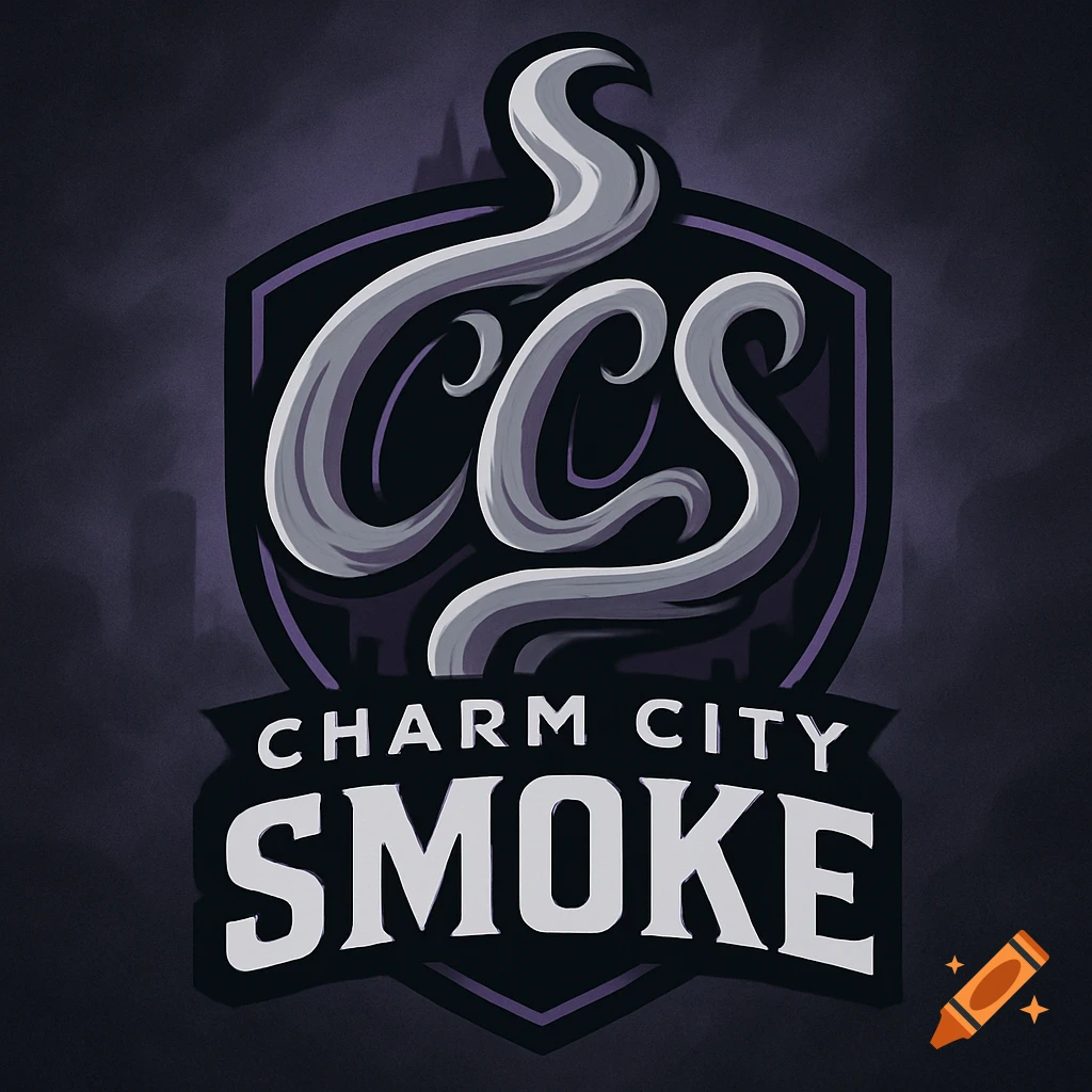 A team logo with a purple shield, gray smoke forming 'CCS', and the words 'CHARM CITY SMOKE' in white.