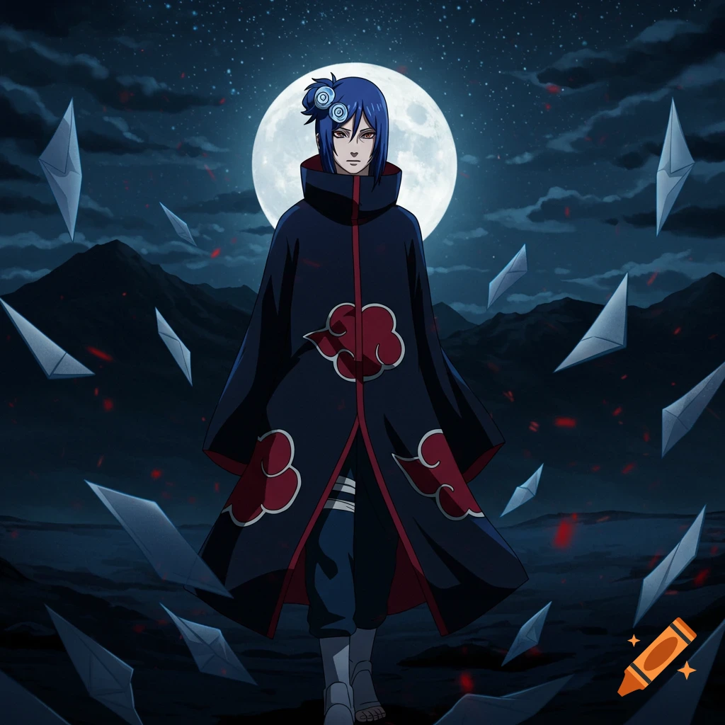 Konan from Naruto, with blue hair and dark Akatsuki cloak, stands under a full moon with paper shurikens floating around her.